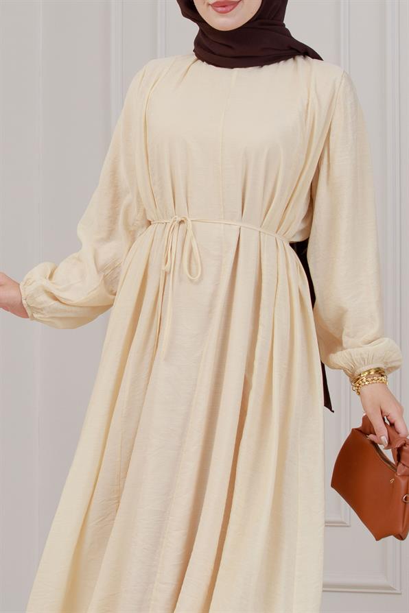 Beli Bağcıklı Pera Elbise-Krem
