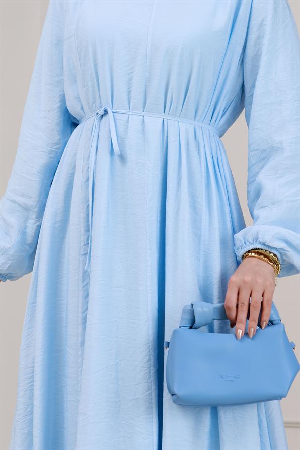 Beli Bağcıklı Pera Elbise-Mavi