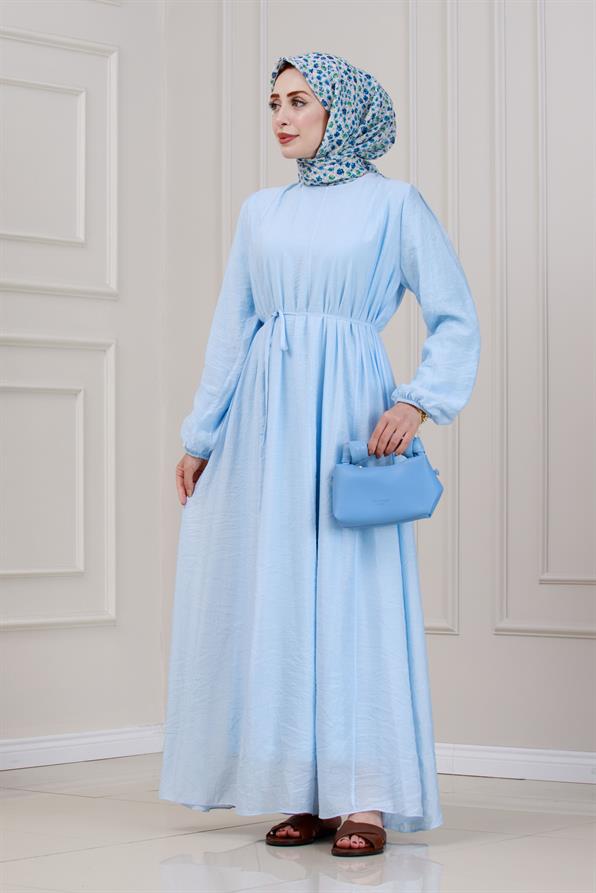 Beli Bağcıklı Pera Elbise-Mavi