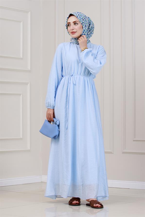 Beli Bağcıklı Pera Elbise-Mavi