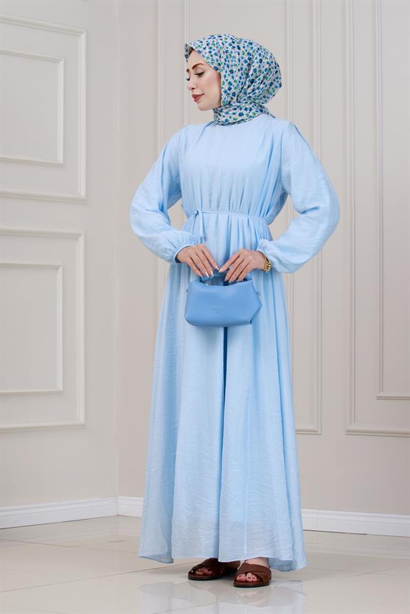 Beli Bağcıklı Pera Elbise-Mavi