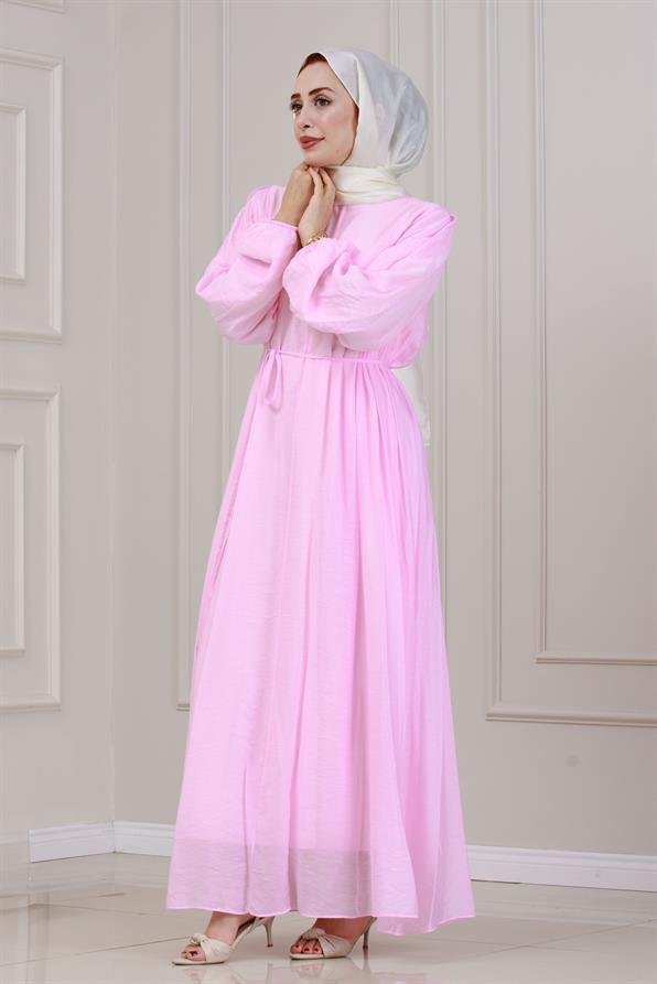 Beli Bağcıklı Pera Elbise-Pembe