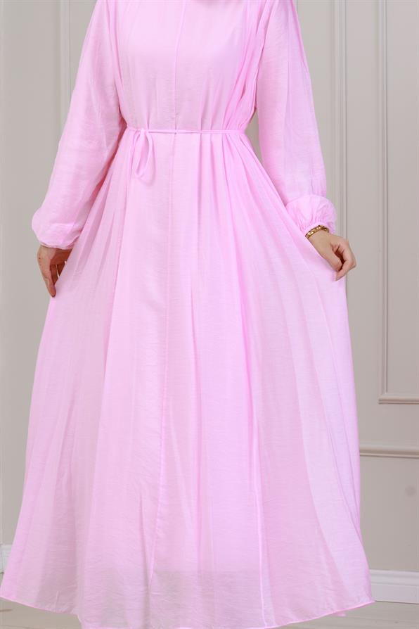 Beli Bağcıklı Pera Elbise-Pembe