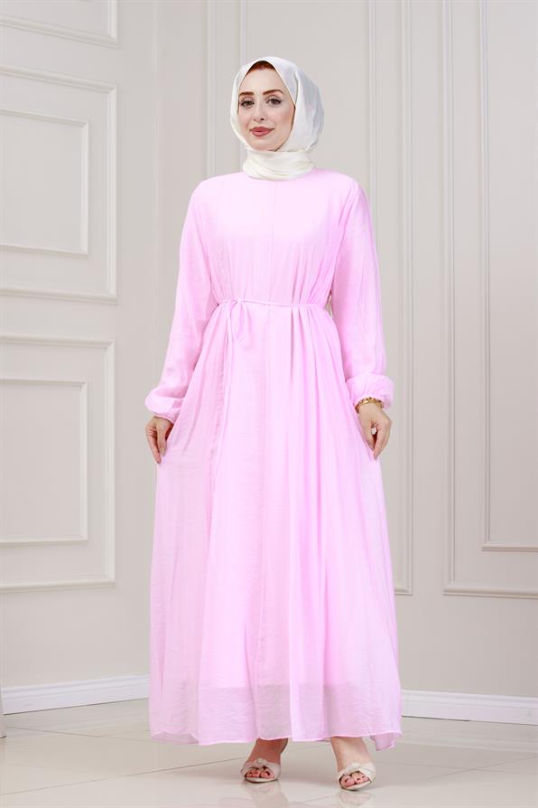 Beli Bağcıklı Pera Elbise-Pembe