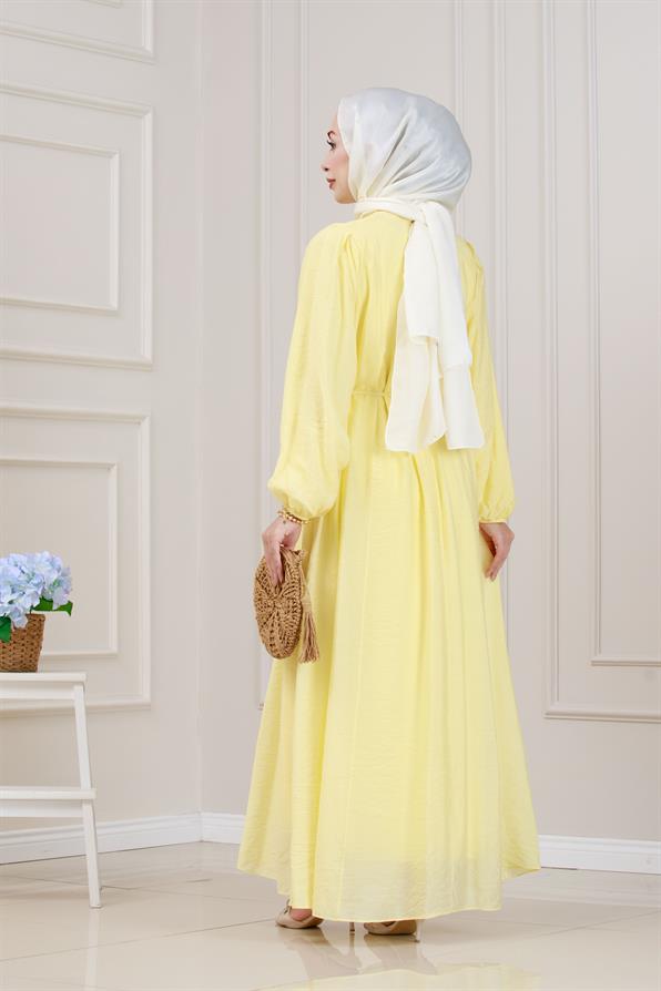 Beli Bağcıklı Pera Elbise-Sarı
