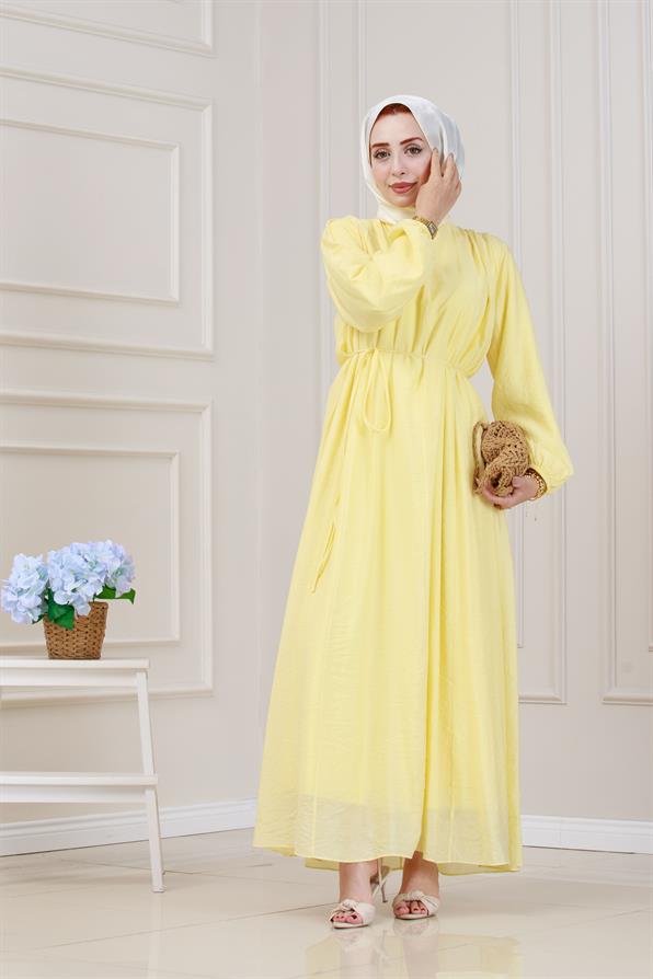 Beli Bağcıklı Pera Elbise-Sarı