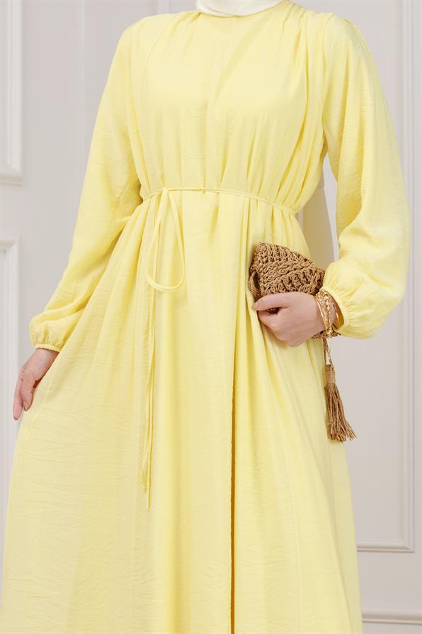 Beli Bağcıklı Pera Elbise-Sarı