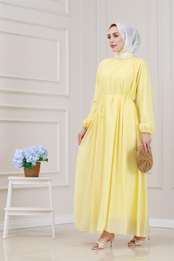 Beli Bağcıklı Pera Elbise-Sarı