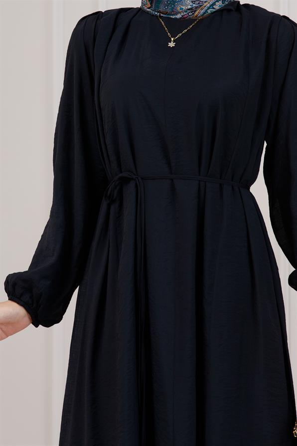 Beli Bağcıklı Pera Elbise-Siyah