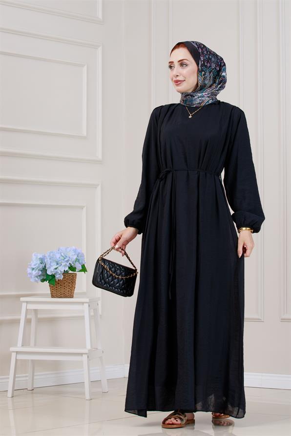 Beli Bağcıklı Pera Elbise-Siyah