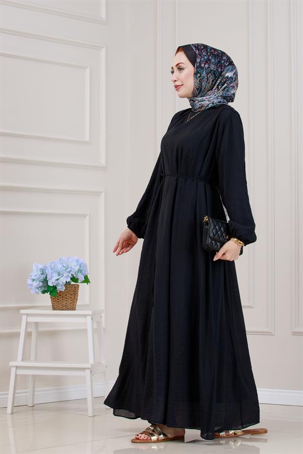 Beli Bağcıklı Pera Elbise-Siyah