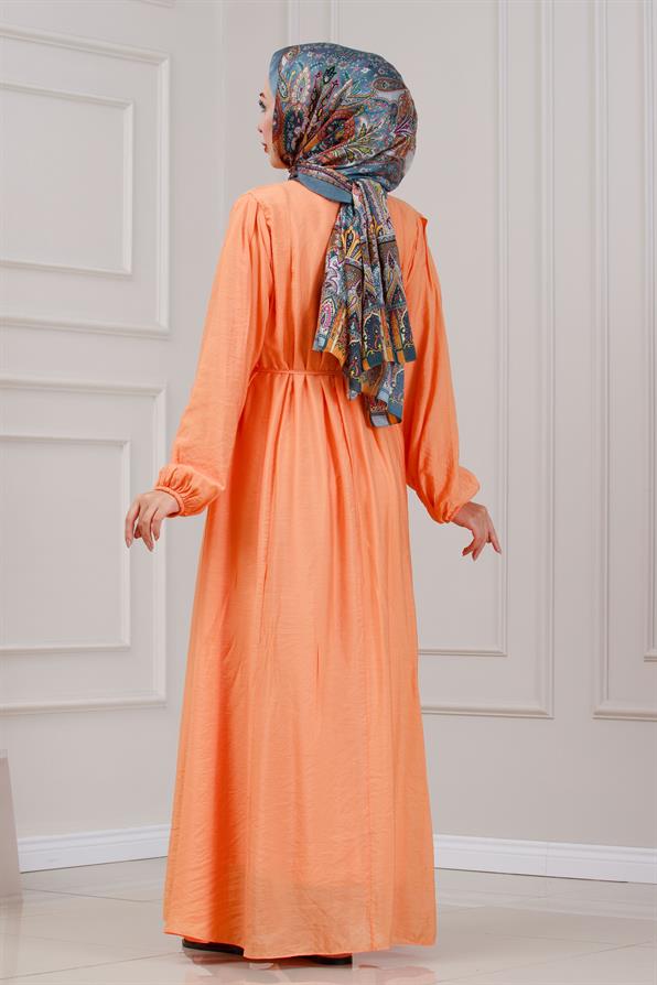 Beli Bağcıklı Pera Elbise-Turuncu