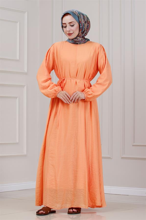 Beli Bağcıklı Pera Elbise-Turuncu