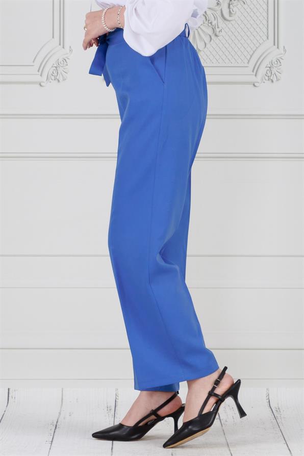 بنطلون واسع الأرجل برباط عند الخصر-لون أزرق