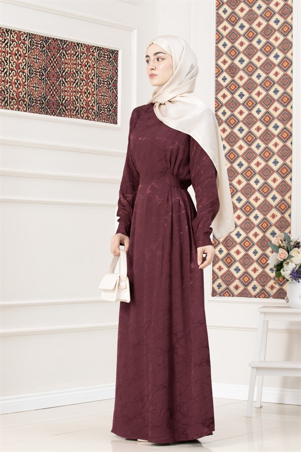 Beli Bağlamalı Jakar Abiye Elbise-BORDO