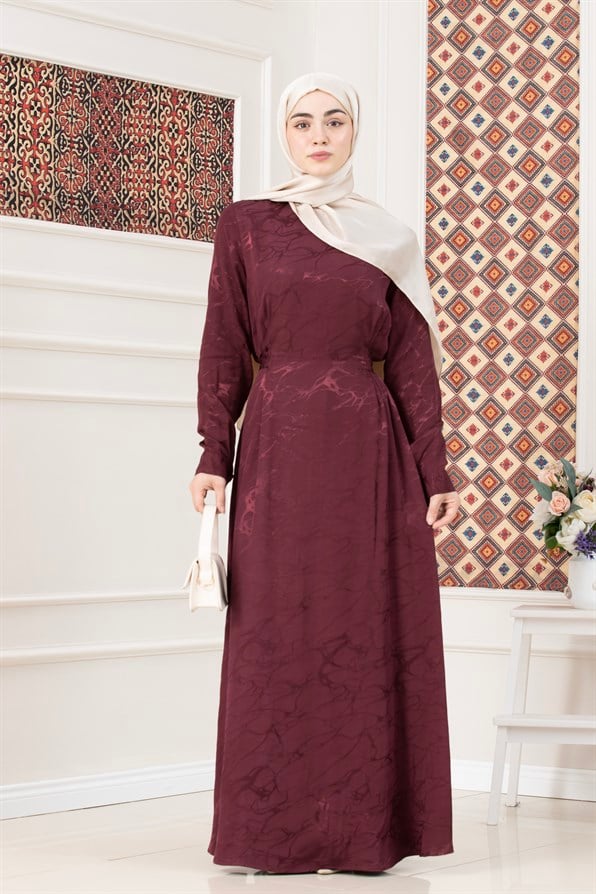 Beli Bağlamalı Jakar Abiye Elbise-BORDO