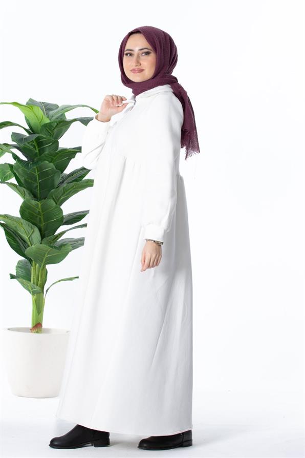 Beli Büzgülü 3 İplik Elbise-Beyaz