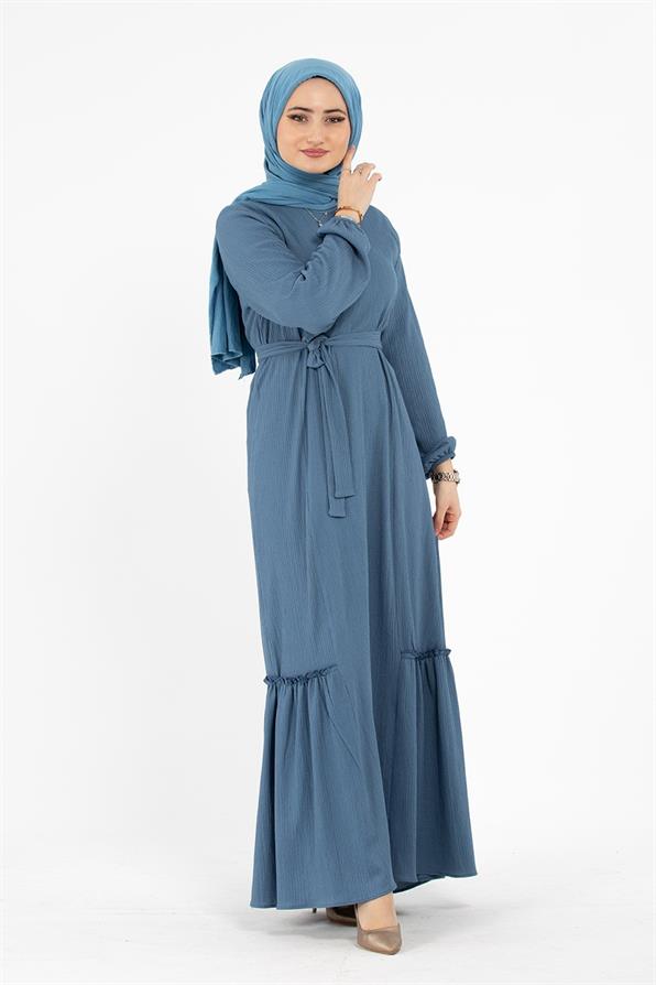 Crepe Fabric Belted Dress - Indigo