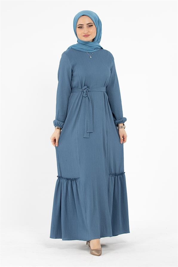 Crepe Fabric Belted Dress - Indigo