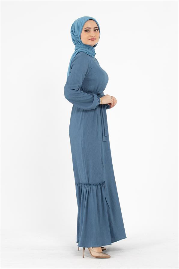 Crepe Fabric Belted Dress - Indigo