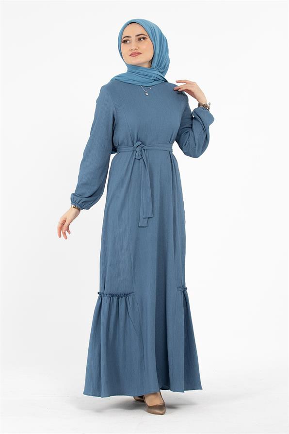 Crepe Fabric Belted Dress - Indigo