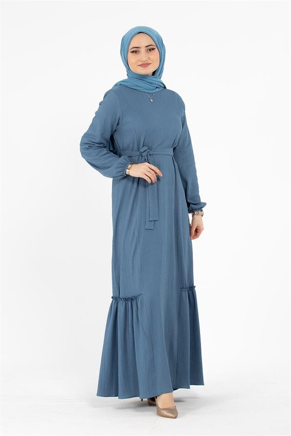 Crepe Fabric Belted Dress - Indigo