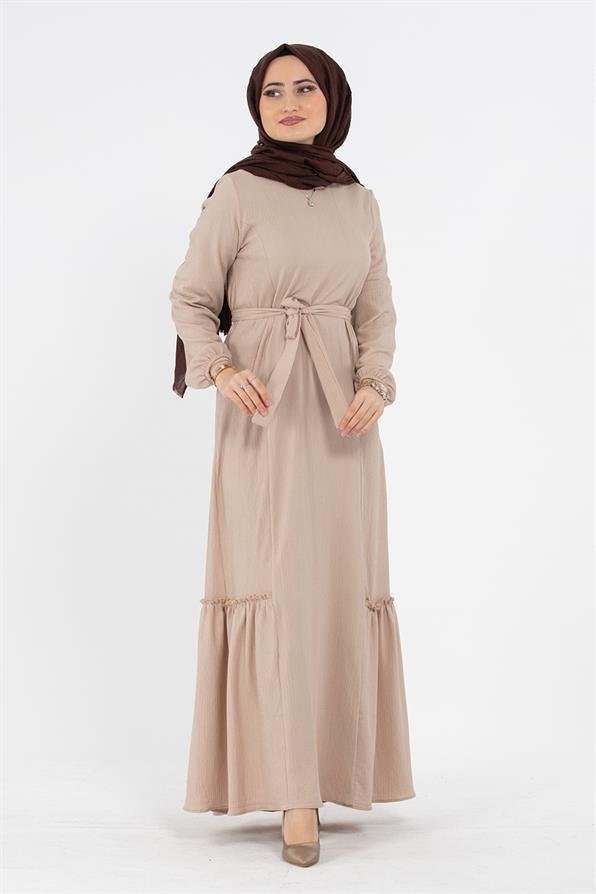 Crepe Fabric Belted Dress - Cream