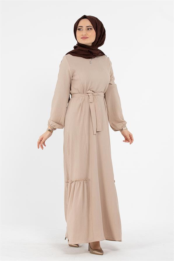 Crepe Fabric Belted Dress - Cream