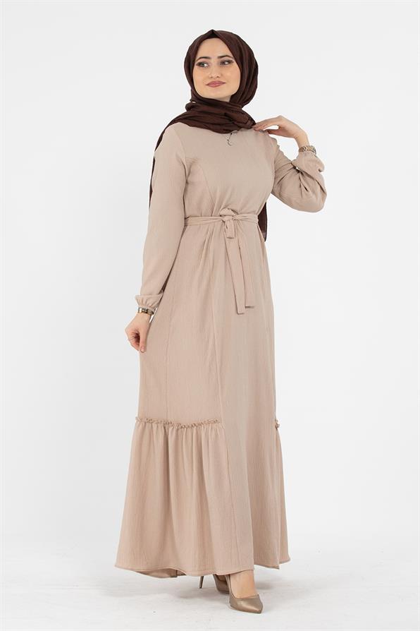 Crepe Fabric Belted Dress - Cream