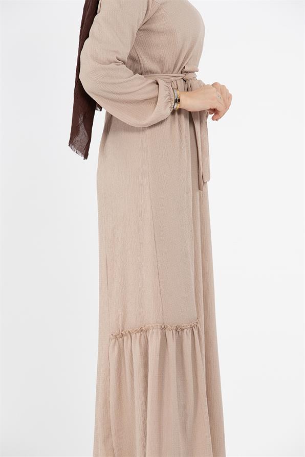 Crepe Fabric Belted Dress - Cream
