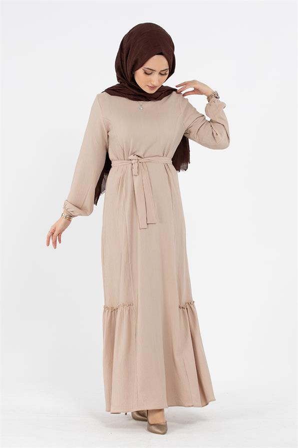 Crepe Fabric Belted Dress - Cream