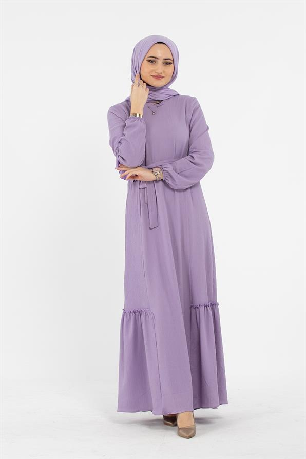 Crepe Fabric Belted Dress - Lilac