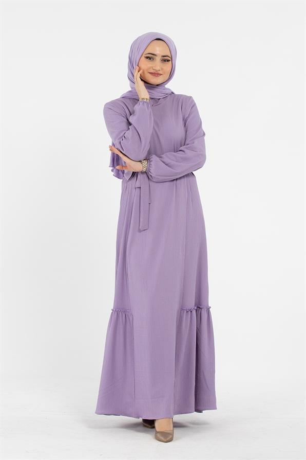 Crepe Fabric Belted Dress - Lilac
