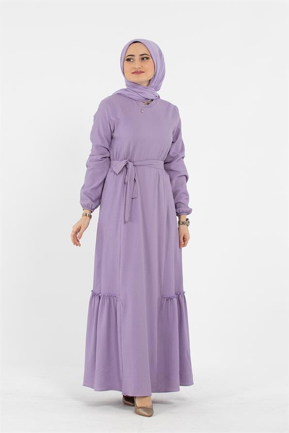 Crepe Fabric Belted Dress - Lilac