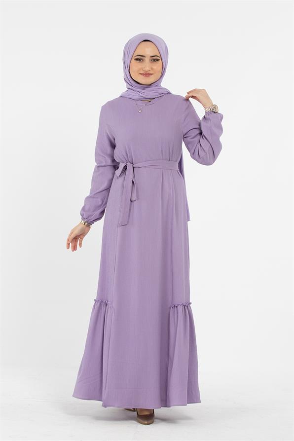 Crepe Fabric Belted Dress - Lilac
