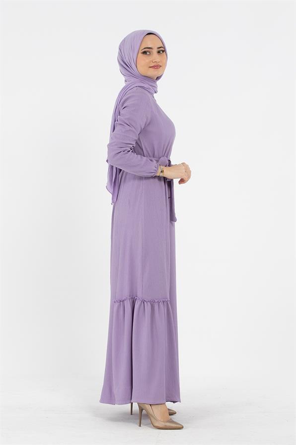 Crepe Fabric Belted Dress - Lilac
