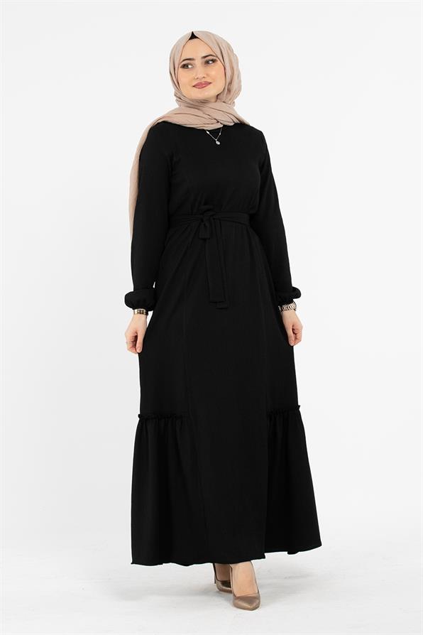 Beli Kemerli Bürümcük Elbise - Siyah