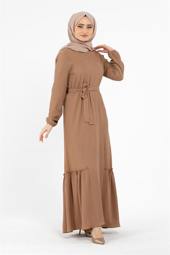 Crepe Fabric Belted Dress - Light Brown