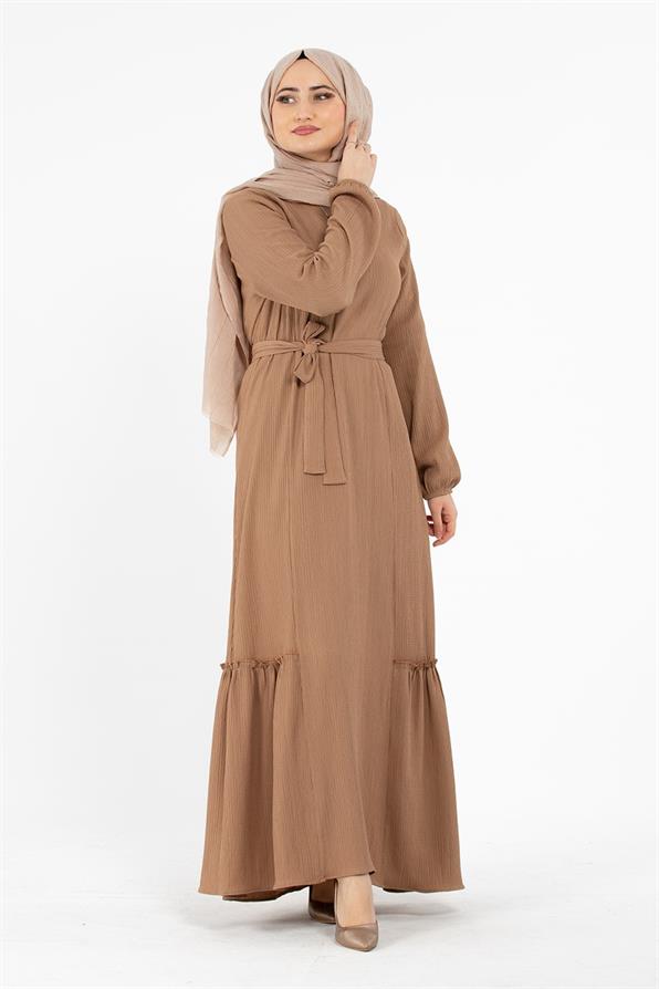 Crepe Fabric Belted Dress - Light Brown