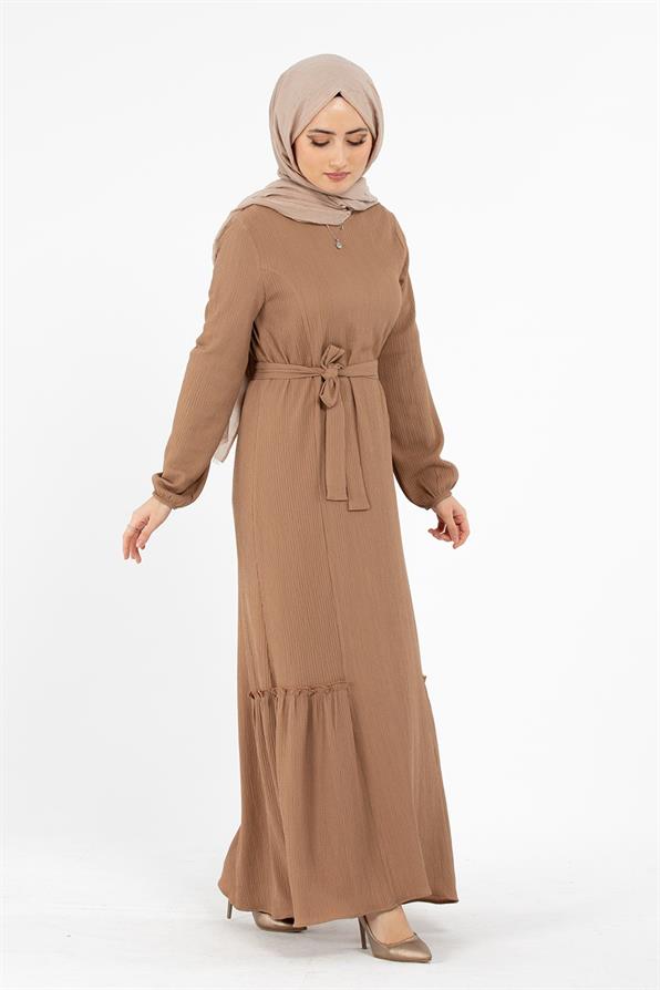 Crepe Fabric Belted Dress - Light Brown
