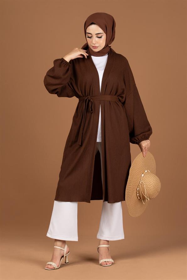 Waist Belt Crepe Kimono-Brown