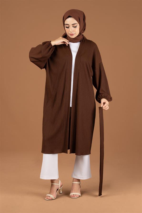 Waist Belt Crepe Kimono-Brown