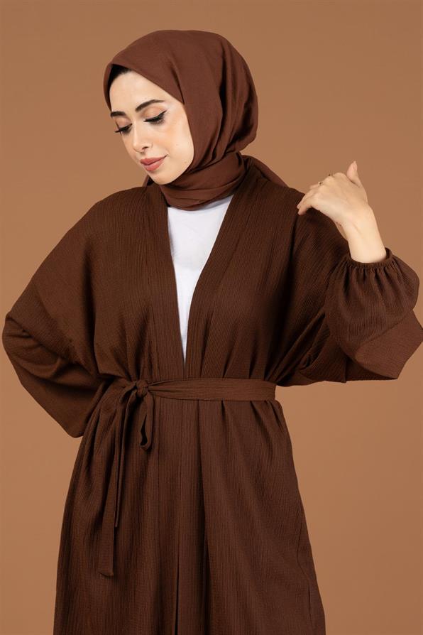 Waist Belt Crepe Kimono-Brown