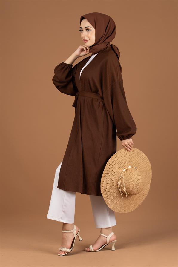 Waist Belt Crepe Kimono-Brown