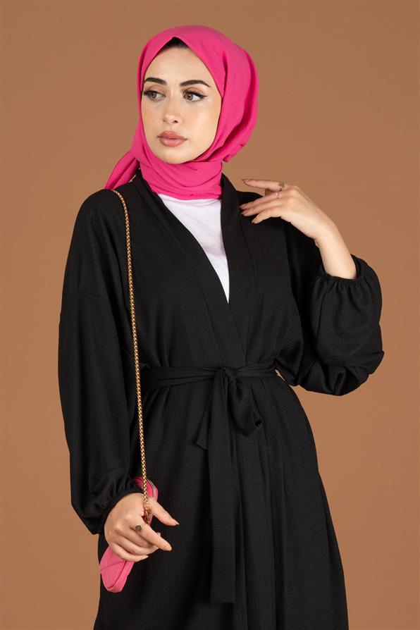 Waist Belt Crepe Kimono-Black