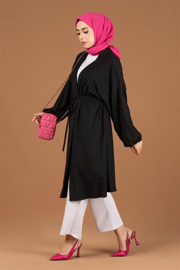 Waist Belt Crepe Kimono-Black
