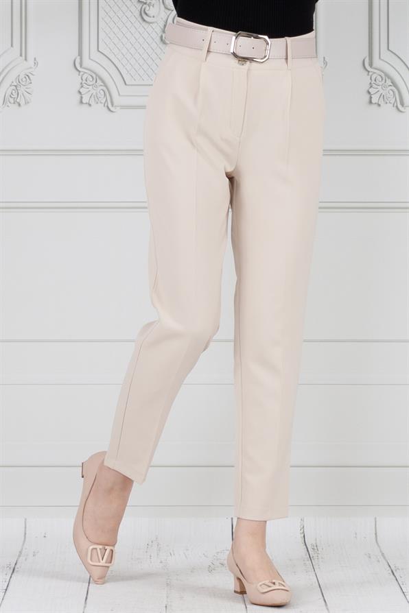 Beli Kemerli Kalem Pantolon-Bej