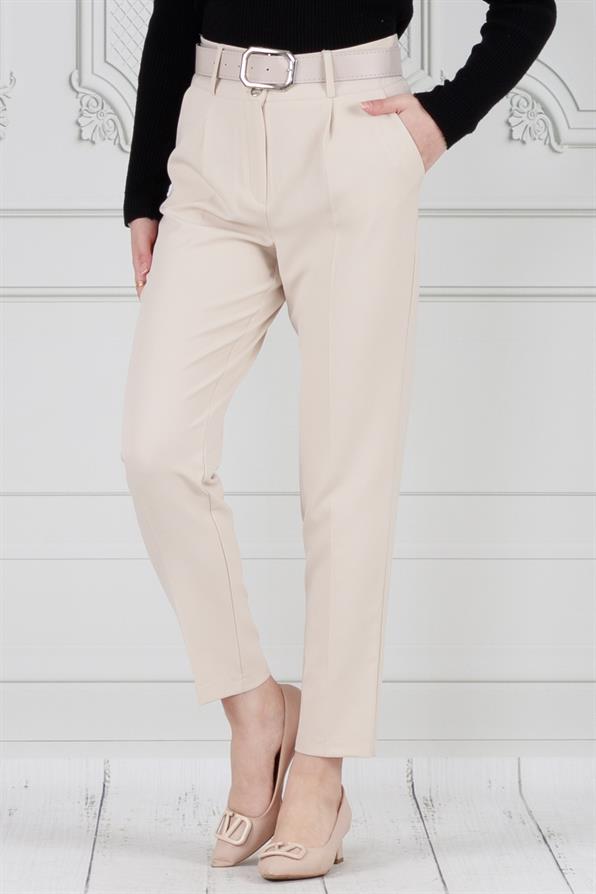 Beli Kemerli Kalem Pantolon-Bej