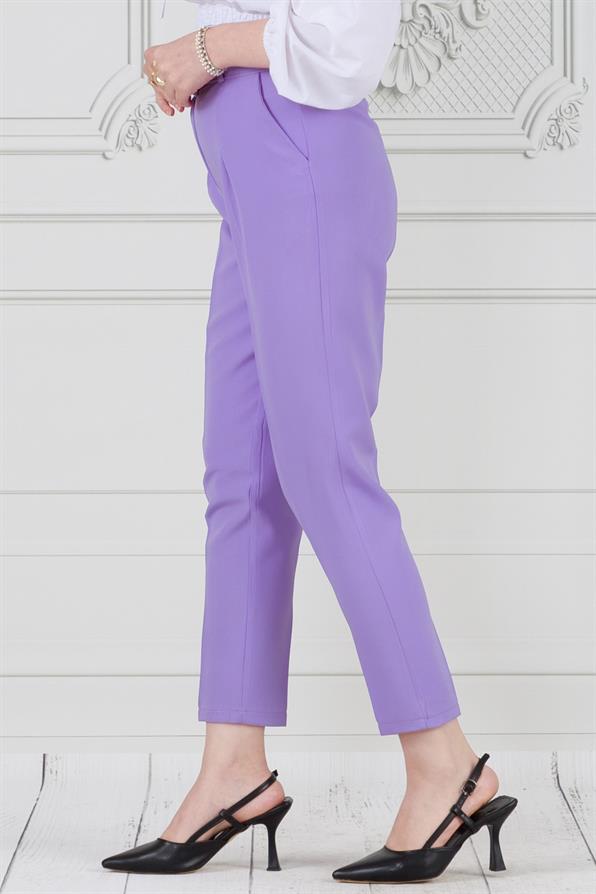 Beli Kemerli Pileli Kalem Pantolon-Lila