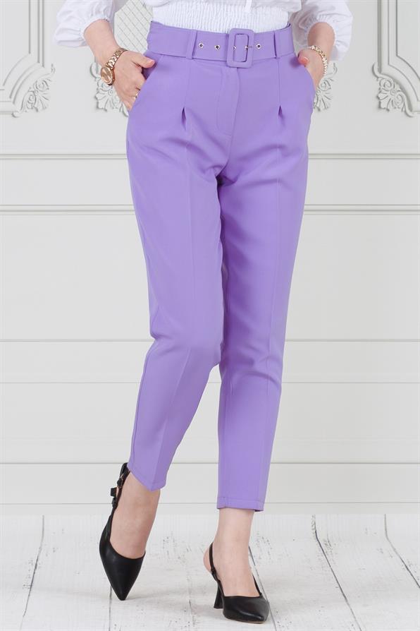Beli Kemerli Pileli Kalem Pantolon-Lila